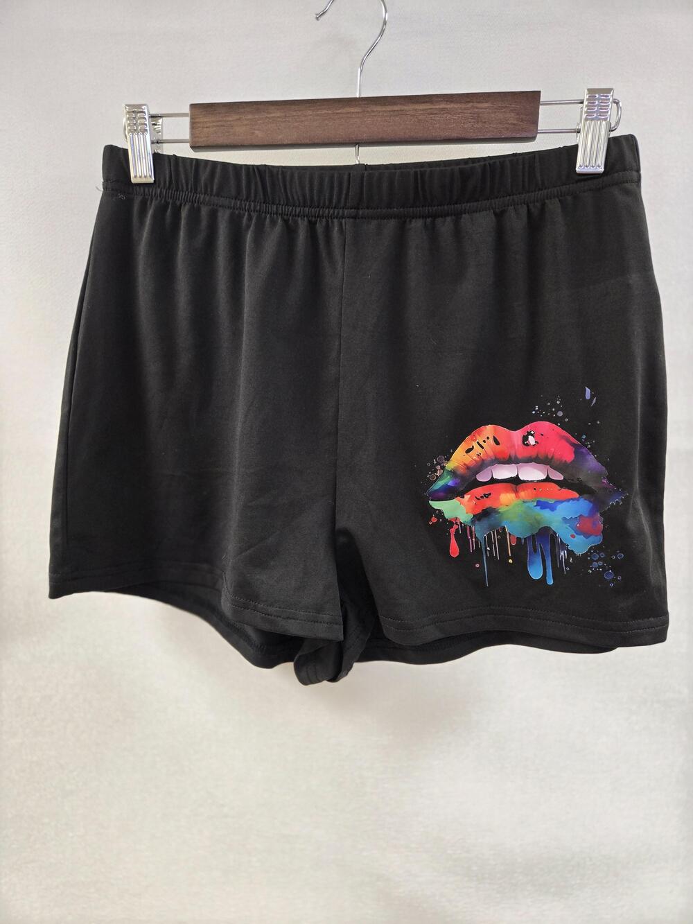SHEIN Shirt Shorts Set Womens Large Black White Rainbow Lips Graphic Tee Outfit